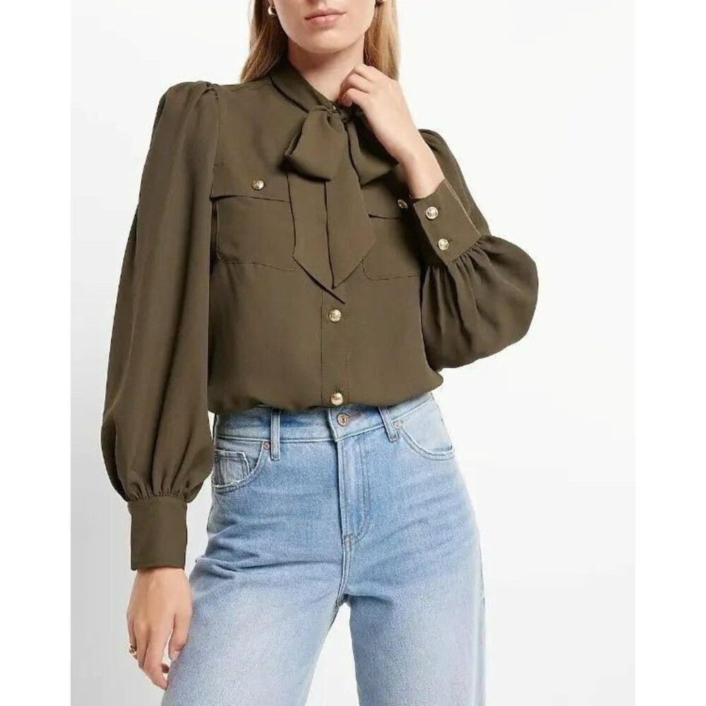 Women's Relaxed Balloon Sleeve Novelty Button Tie Neck Portofino Shirt Size S